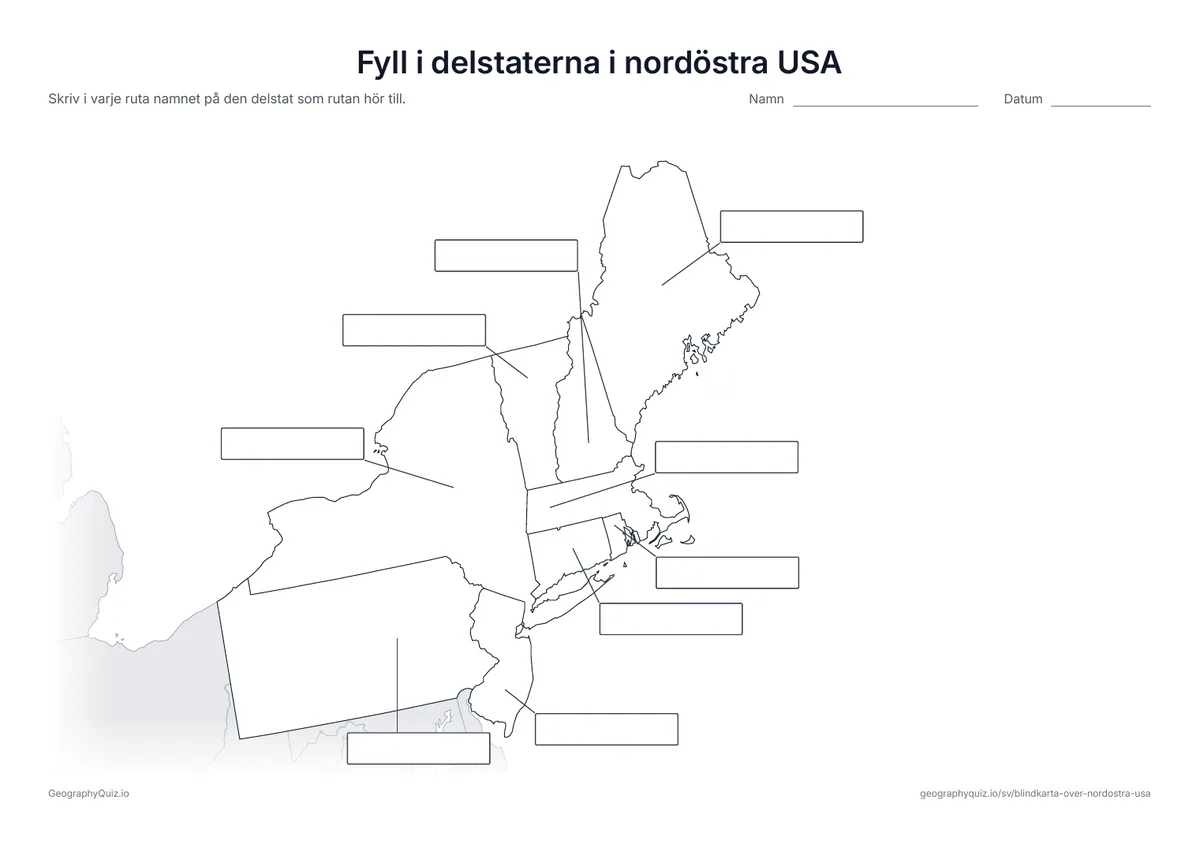 Förhandsvisning av arbetsbladet ”Fyll i delstaterna i nordöstra USA” att skriva ut: Alla nio delstater är kopplade med ett streck till var sin tom svarsruta, som på bladet ”Fyll i världsdelarna” bland världskartorna