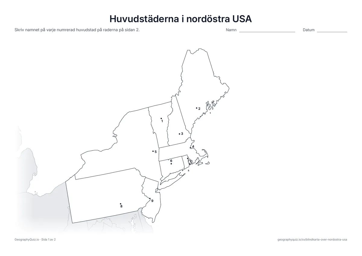 Förhandsvisning av arbetsbladet ”Huvudstäderna i nordöstra USA” att skriva ut: Varje huvudstad är markerad med en numrerad punkt