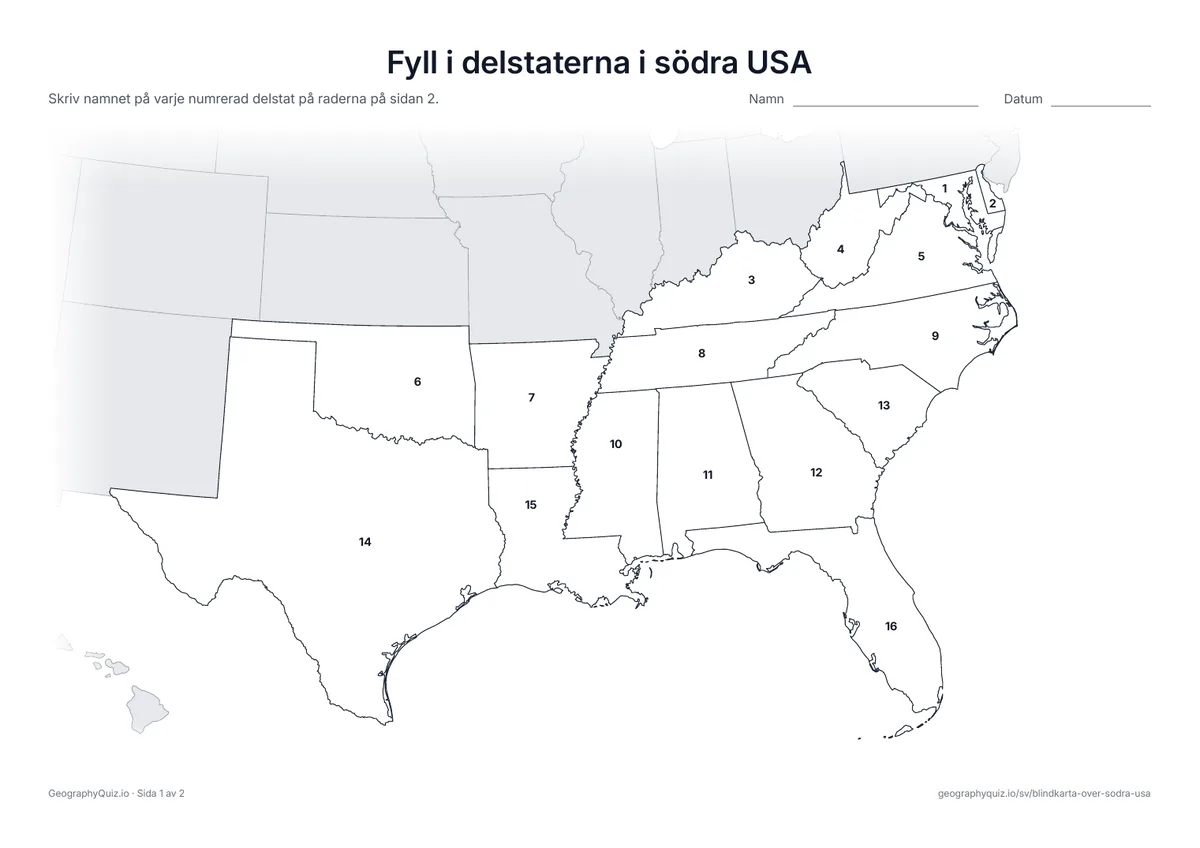 Förhandsvisning av arbetsbladet ”Fyll i delstaterna i södra USA” att skriva ut: Alla 16 delstater är numrerade
