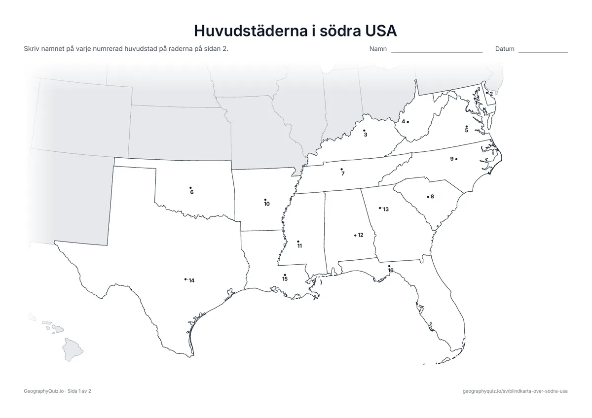 Förhandsvisning av arbetsbladet ”Huvudstäderna i södra USA” att skriva ut: Varje huvudstad är markerad med en numrerad punkt