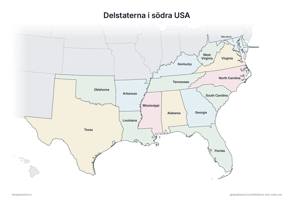 Förhandsvisning av arbetsbladet ”Delstaterna i södra USA” att skriva ut: Samma karta med alla 16 delstaters namn – för undervisning, repetition eller för att rätta elevernas arbeten