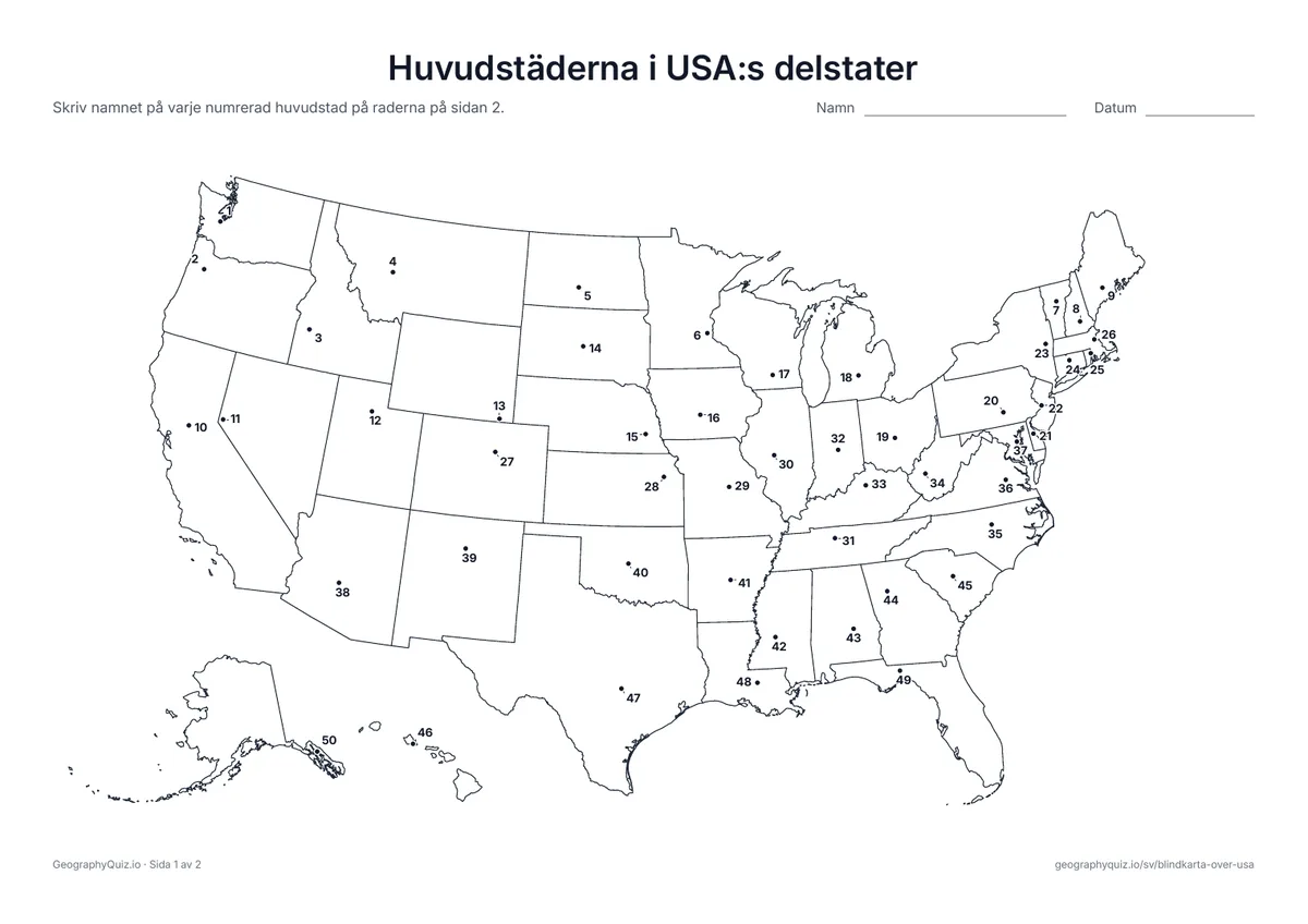 Förhandsvisning av arbetsbladet ”Huvudstäderna i USA:s delstater” att skriva ut: En numrerad punkt markerar varje delstats huvudstad