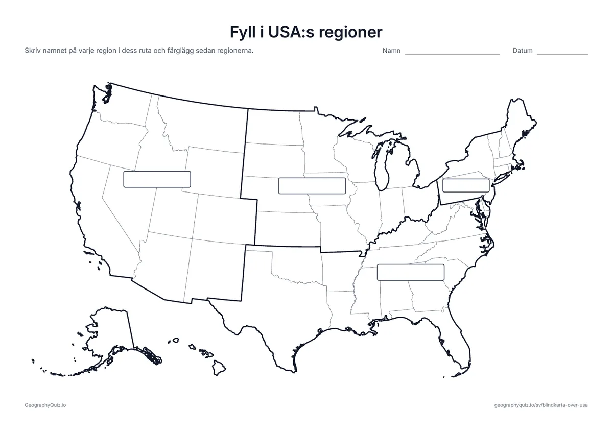 Förhandsvisning av arbetsbladet ”Fyll i USA:s regioner” att skriva ut: Tjocka linjer visar de fyra regionerna, var och en med en tom ruta
