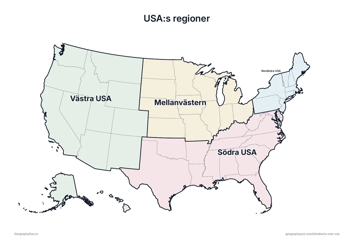 Förhandsvisning av arbetsbladet ”USA:s regioner” att skriva ut: De fyra regionerna från US Census Bureau – nordöstra USA, Mellanvästern, södra USA och västra USA – i ljusa färger och med namn