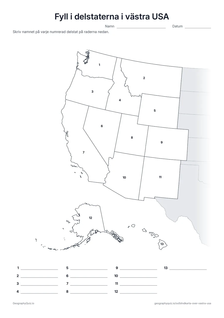 Förhandsvisning av arbetsbladet ”Fyll i delstaterna i västra USA” att skriva ut: Alla 13 delstater är numrerade