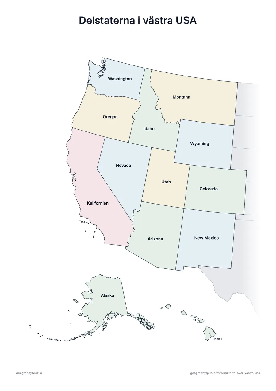 Förhandsvisning av arbetsbladet ”Delstaterna i västra USA” att skriva ut: Samma karta med alla 13 delstaters namn – för undervisning, repetition eller för att rätta elevernas arbeten
