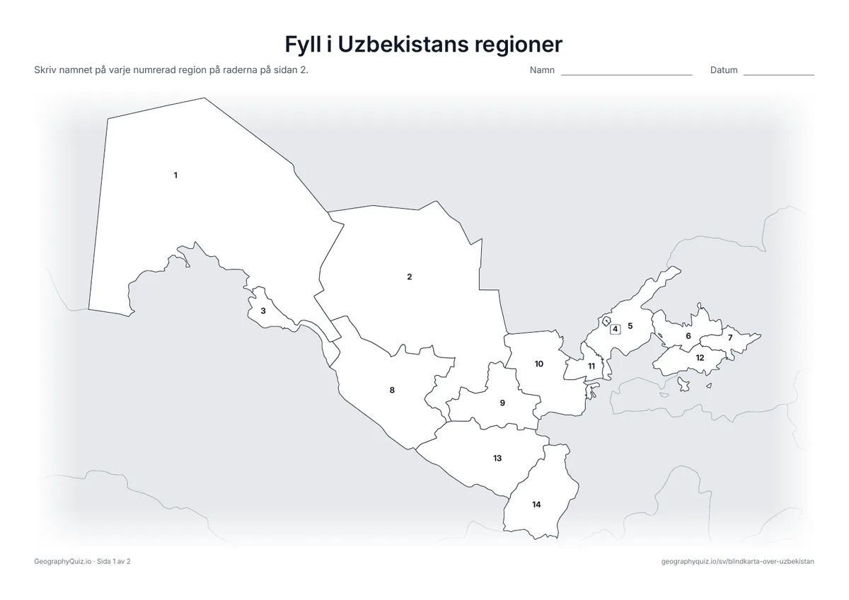 Förhandsvisning av arbetsbladet ”Fyll i Uzbekistans regioner” att skriva ut: Alla 12 regioner, Karakalpakstan och Tasjkent är numrerade