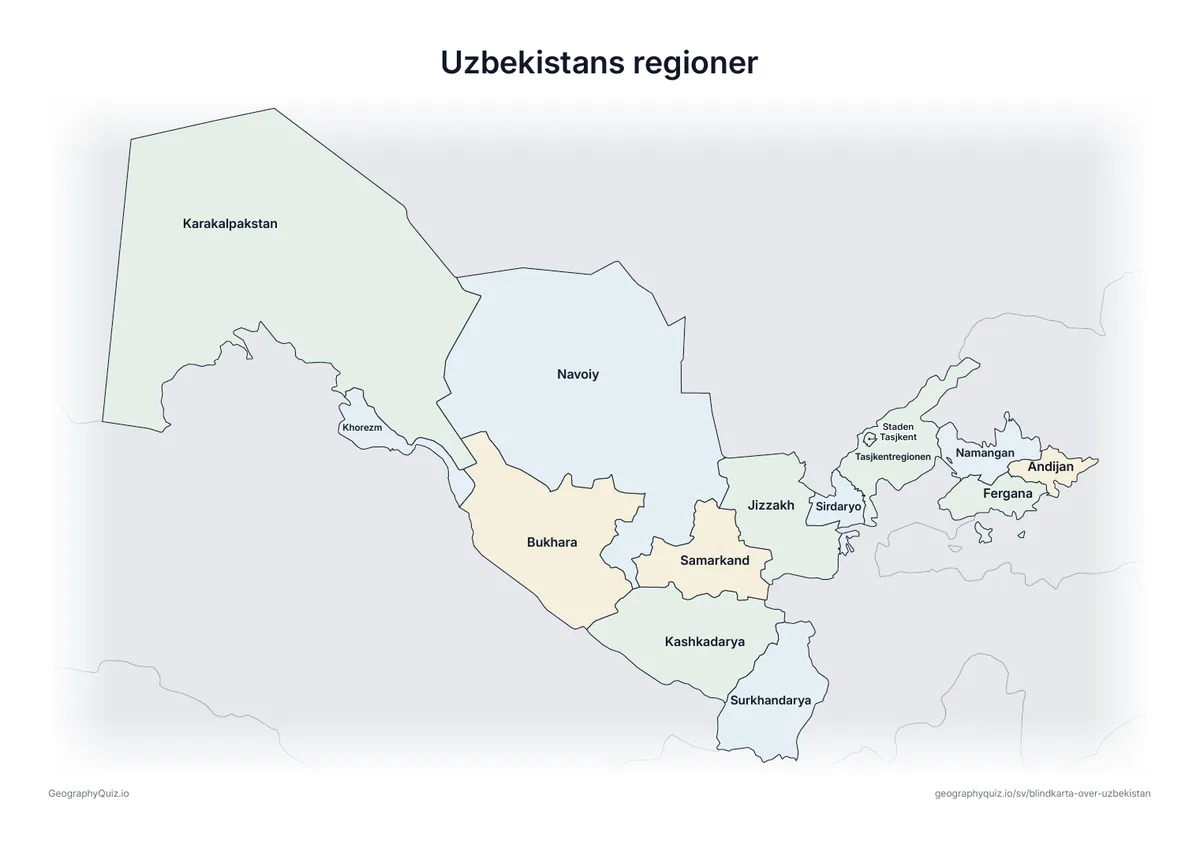 Förhandsvisning av arbetsbladet ”Uzbekistans regioner” att skriva ut: En karta över Uzbekistan med alla namn utskrivna – ett översiktsblad för lektionen och för att rätta svaren