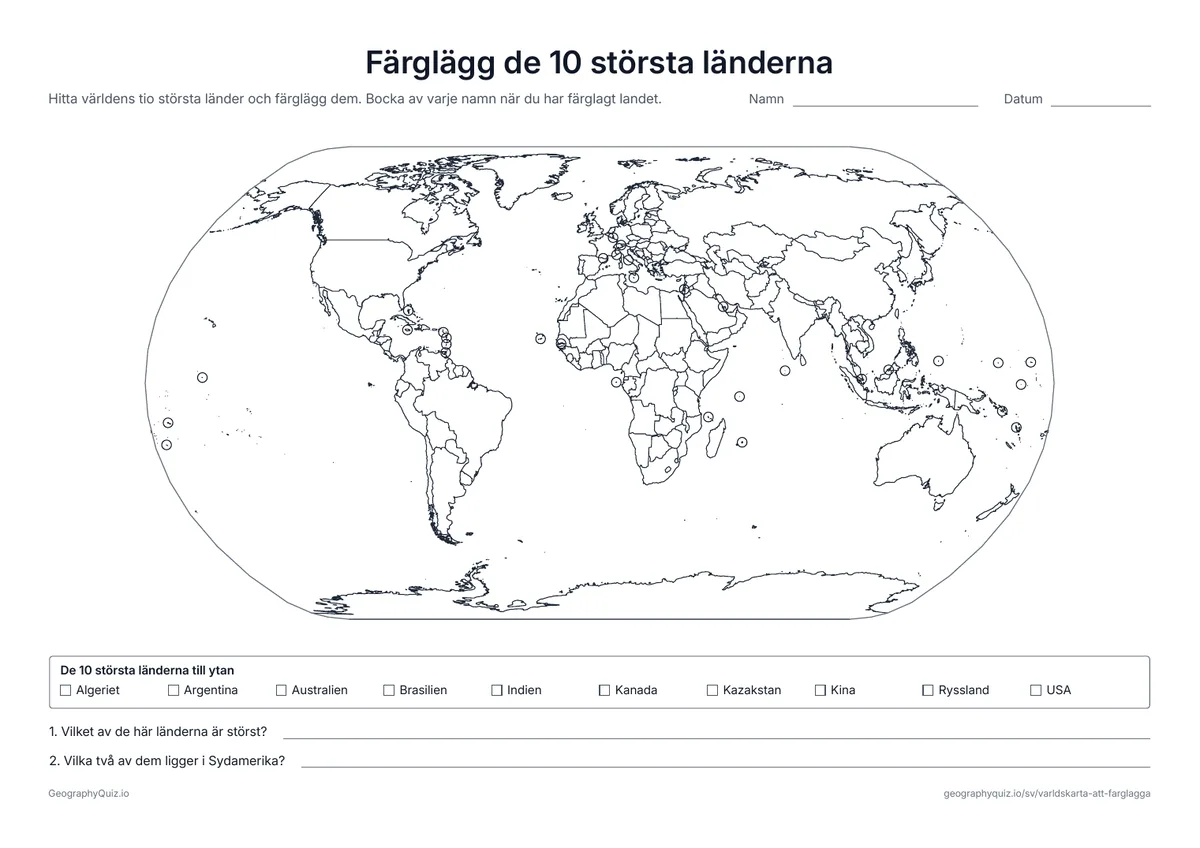 Förhandsvisning av arbetsbladet ”Färglägg de 10 största länderna” att skriva ut: En världskarta med alla gränser och en lista över de tio länder som har störst yta