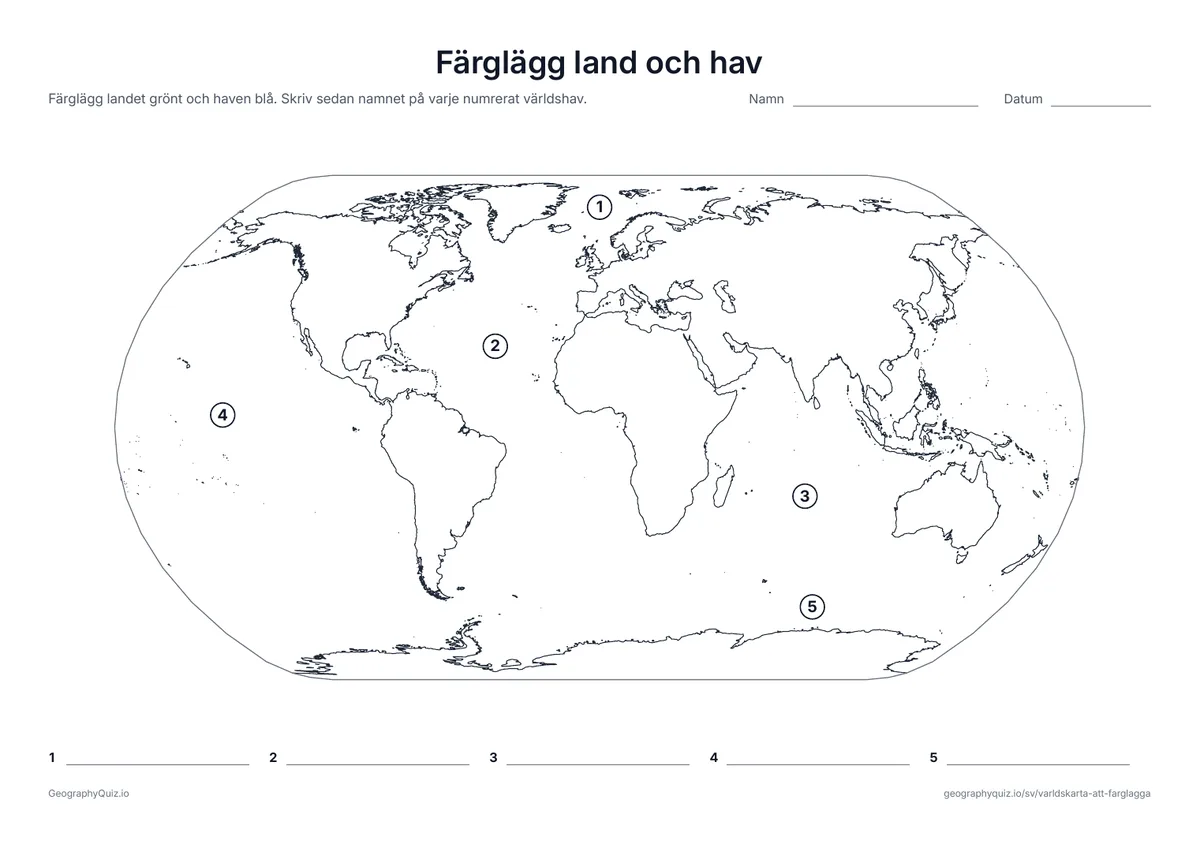 Förhandsvisning av arbetsbladet ”Färglägg land och hav” att skriva ut: Färglägg landet grönt och vattnet blått och skriv namnet på varje numrerat världshav