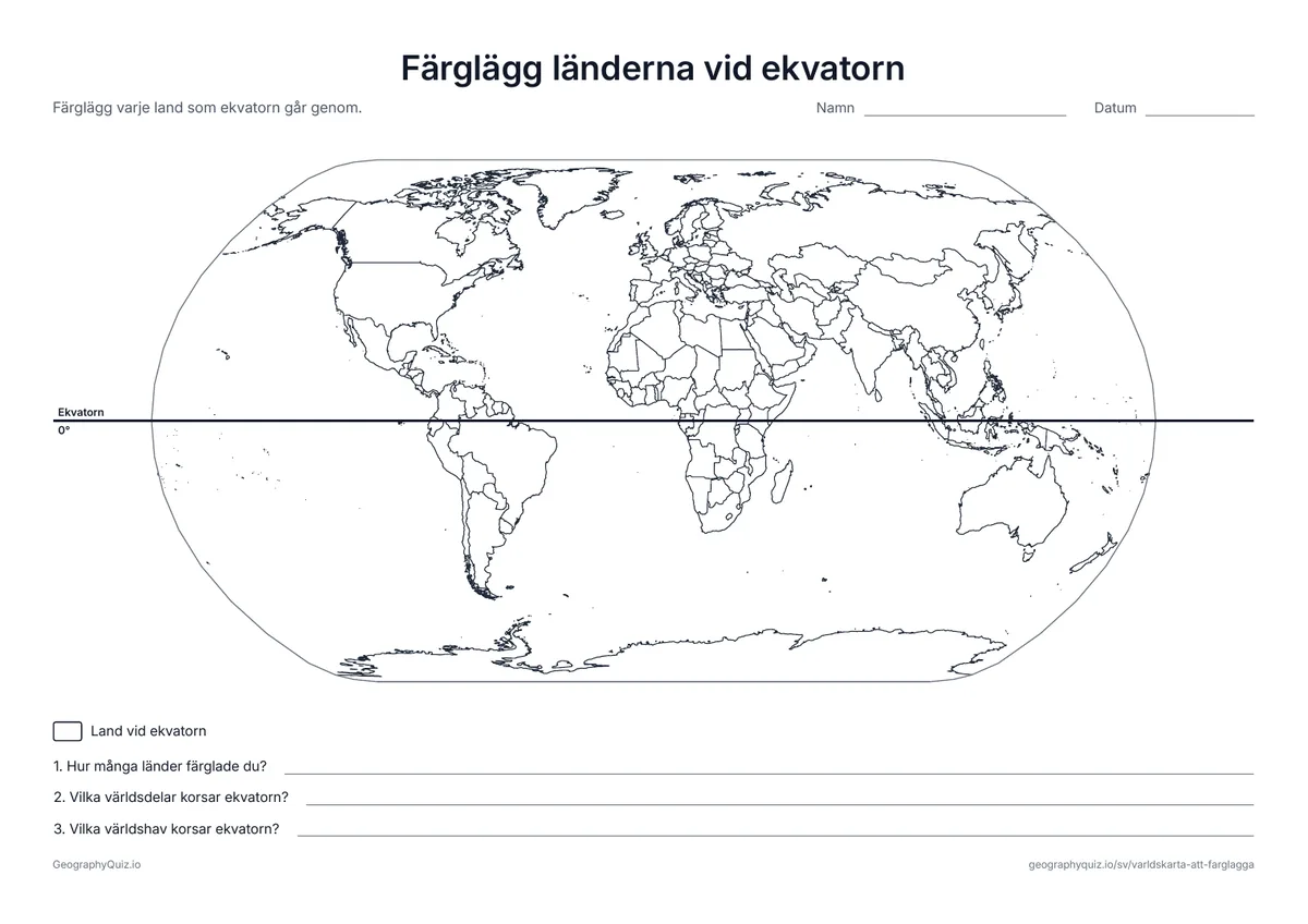 Förhandsvisning av arbetsbladet ”Färglägg länderna vid ekvatorn” att skriva ut: Ekvatorn är utritad