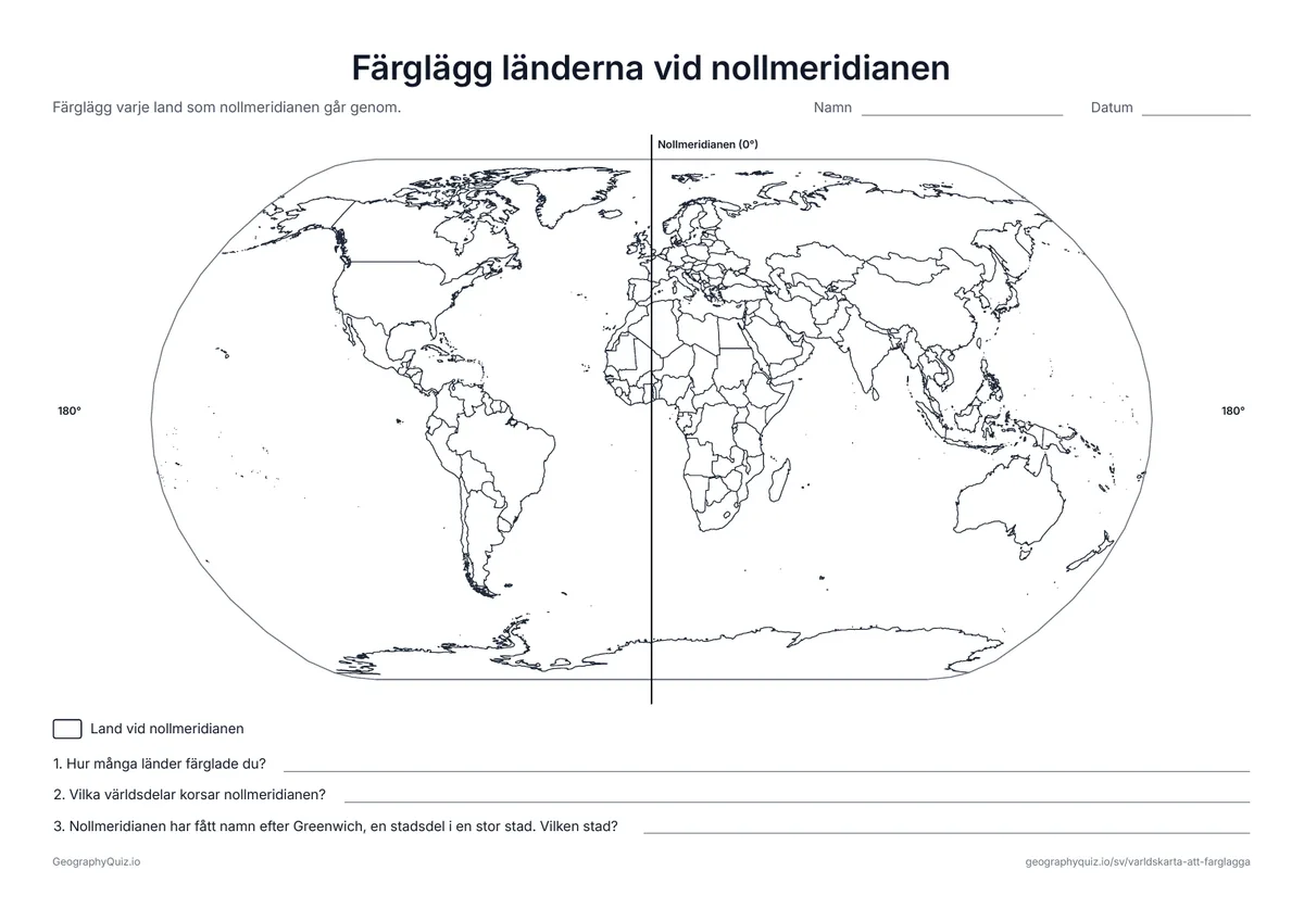 Förhandsvisning av arbetsbladet ”Färglägg länderna vid nollmeridianen” att skriva ut: Nollmeridianen går från pol till pol över kartan