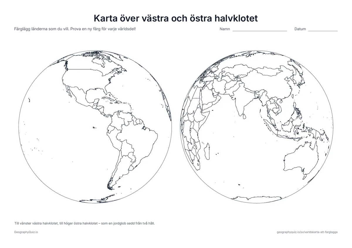Förhandsvisning av arbetsbladet ”Karta över västra och östra halvklotet” att skriva ut: Två jordglober bredvid varandra: Amerika på den ena, Europa, Afrika, Asien och Australien på den andra