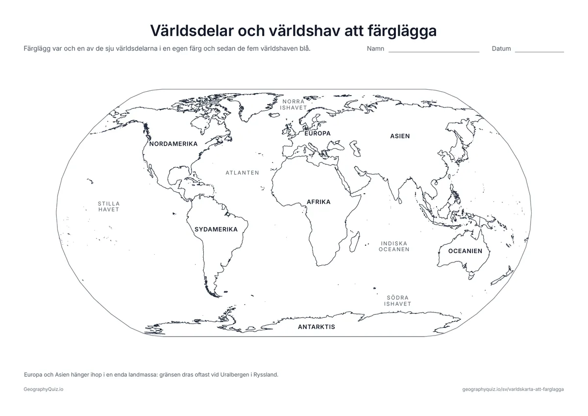 Förhandsvisning av arbetsbladet ”Världsdelar och världshav att färglägga” att skriva ut: De sju världsdelarna och de fem världshaven har sina namn på kartan