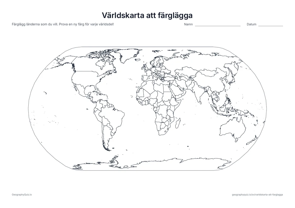 Förhandsvisning av arbetsbladet ”Världskarta att färglägga” att skriva ut: En världskarta med alla länder och utan namn: färglägg länderna som du vill