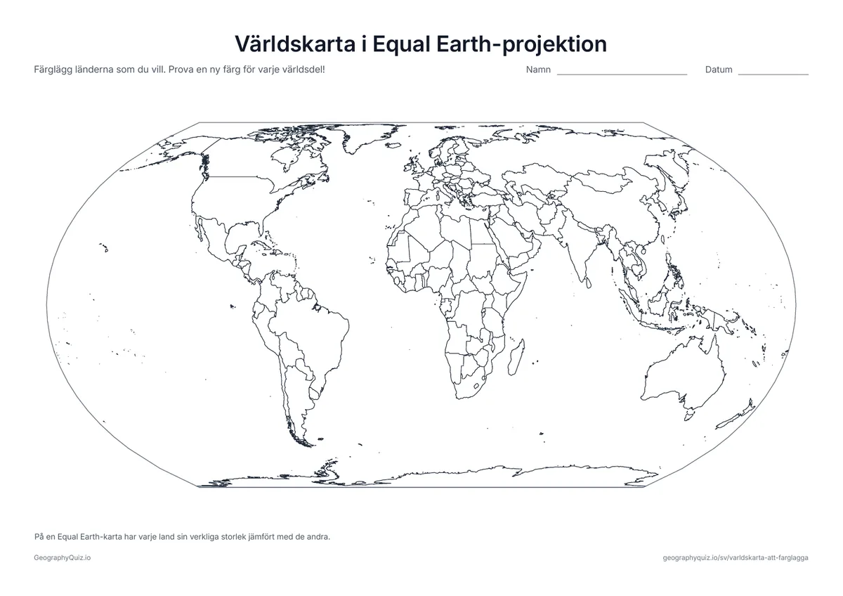 Förhandsvisning av arbetsbladet ”Världskarta i Equal Earth-projektion” att skriva ut: Equal Earth-projektionen visar varje land i dess verkliga storlek jämfört med de andra