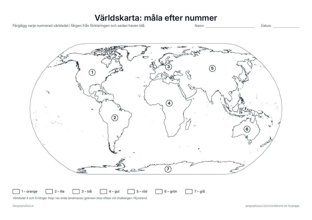 Förhandsvisning av arbetsbladet ”Världskarta: måla efter nummer” att skriva ut: Varje världsdel har ett nummer från 1 till 7 och färgläggs i rätt färg från förklaringen