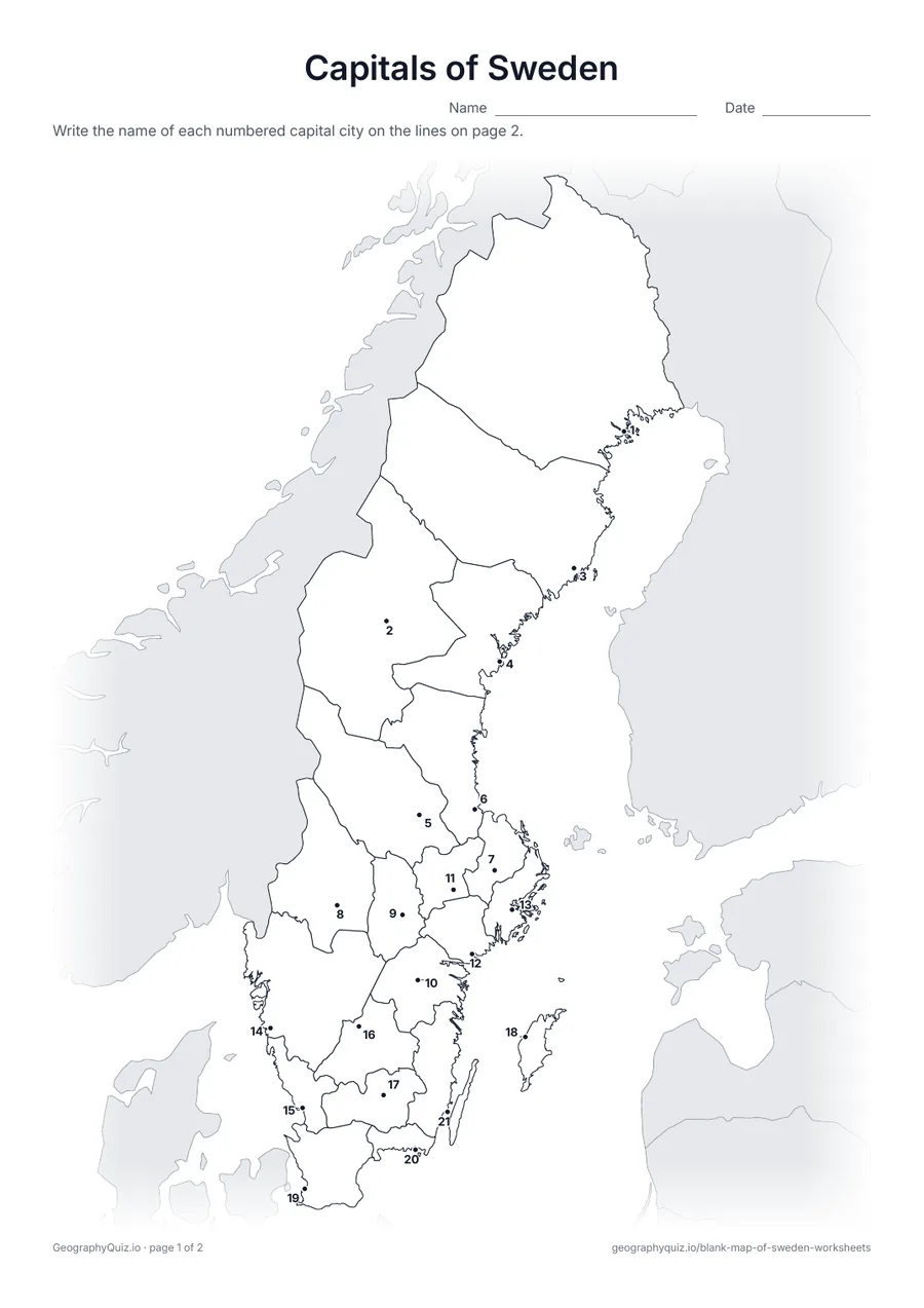Preview of the printable capitals of sweden worksheet