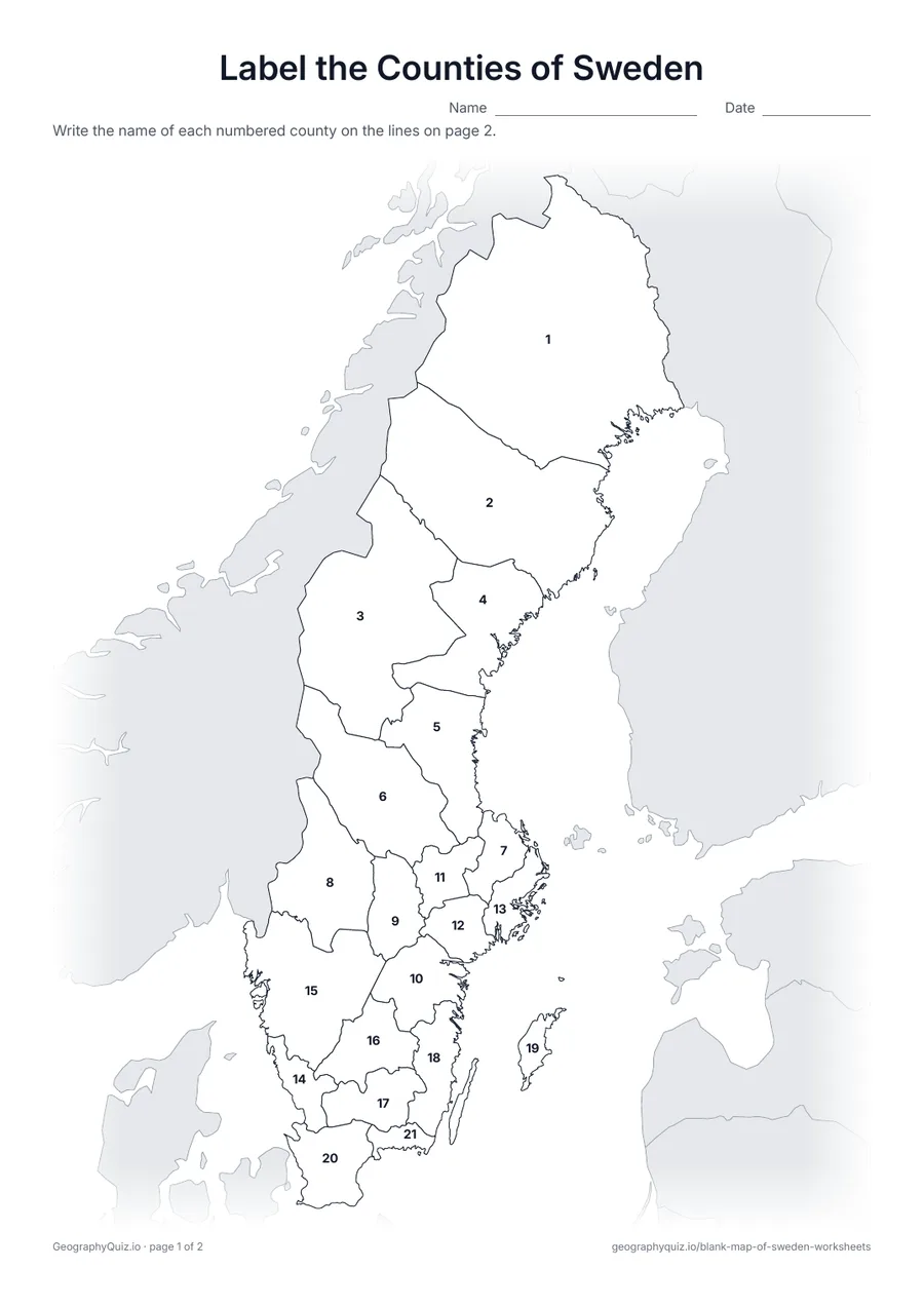 Preview of the printable label the counties of sweden worksheet