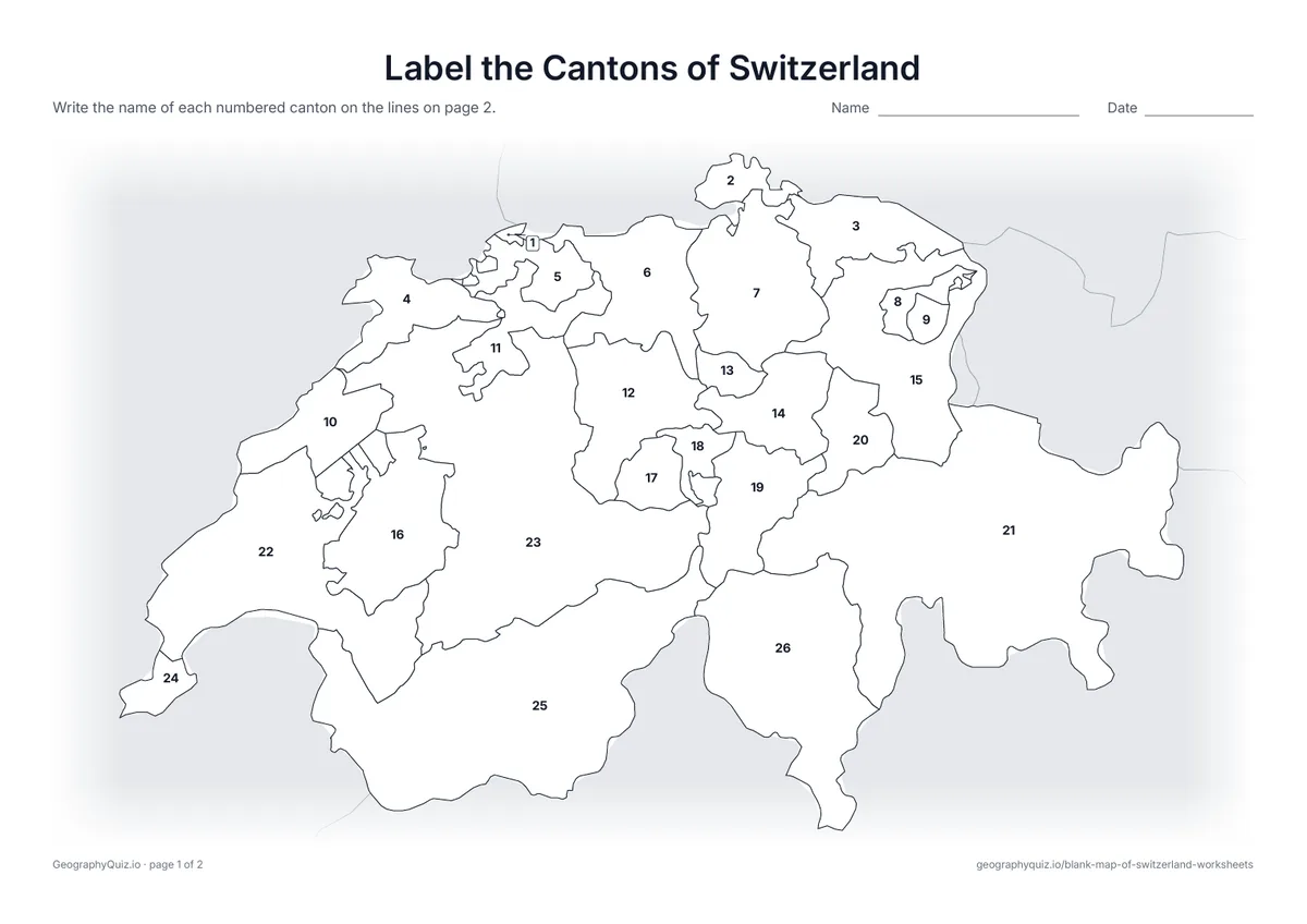Preview of the printable label the cantons of switzerland worksheet