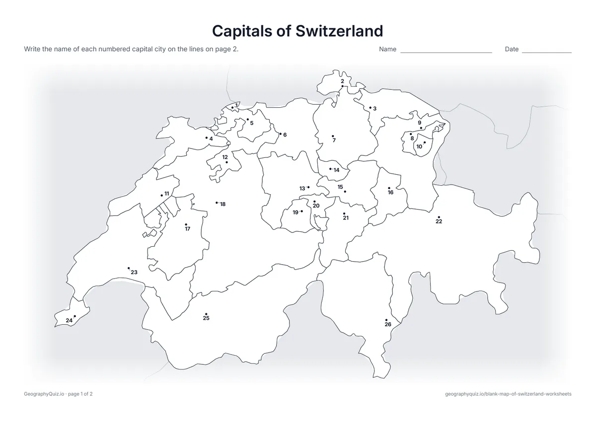 Preview of the printable capitals of switzerland worksheet