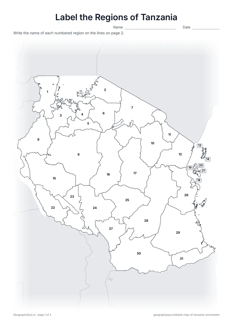 Preview of the printable label the regions of tanzania worksheet