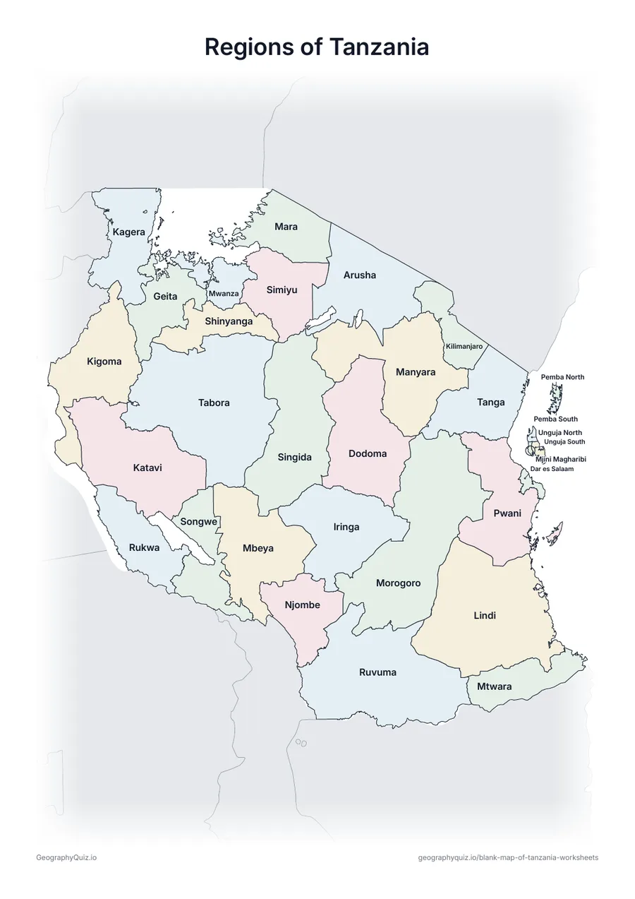 Preview of the printable regions of tanzania worksheet