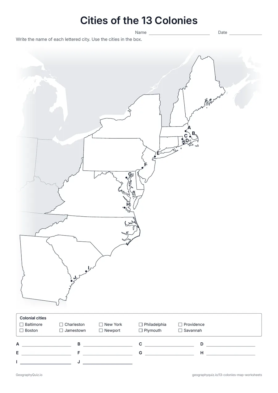 Preview of the printable cities of the 13 colonies worksheet: Ten lettered dots mark Jamestown, Plymouth, Boston, New York, Philadelphia, Charleston and other colonial cities