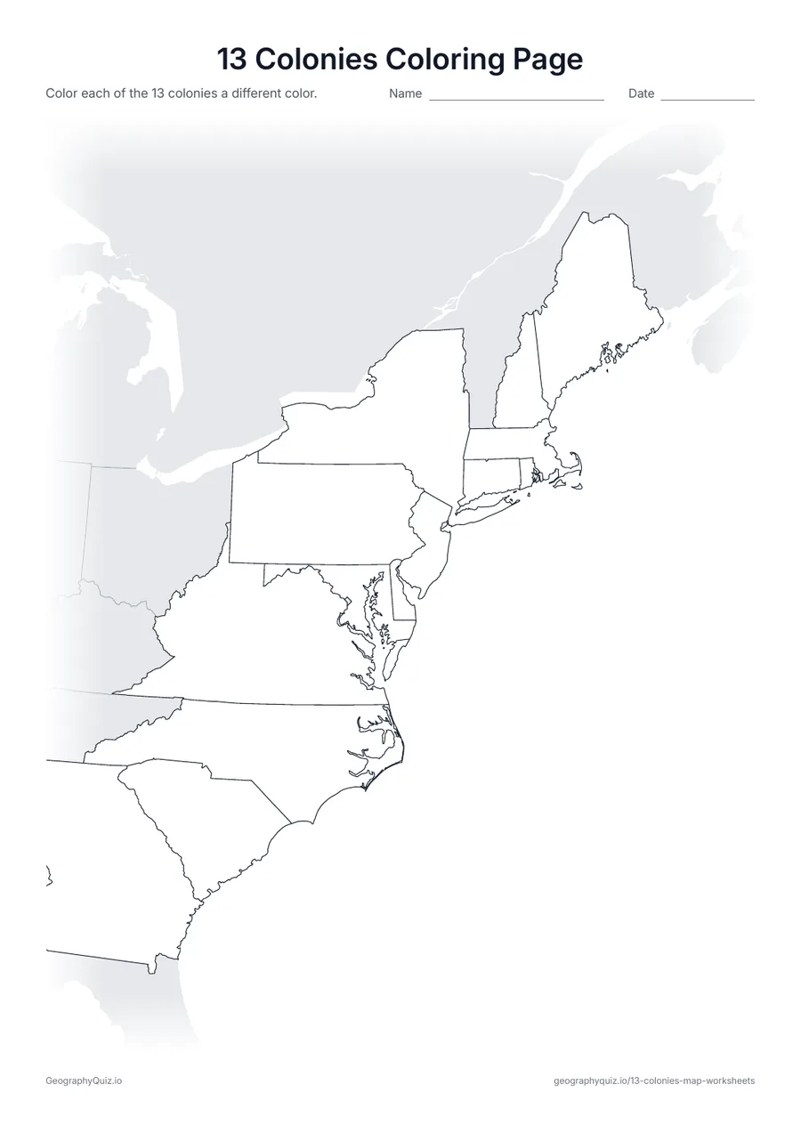 Preview of the printable 13 colonies coloring page worksheet: Color each of the thirteen colonies a different color