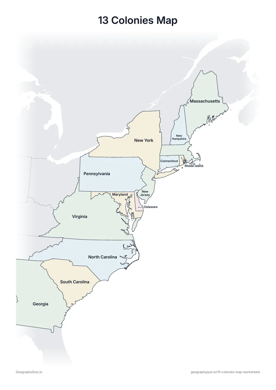 Preview of the printable 13 colonies map worksheet: Every colony named on the map, in soft colors – a reference sheet for teaching and checking work