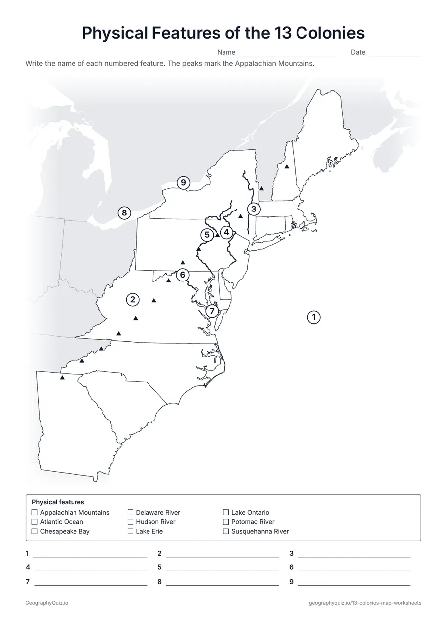Preview of the printable physical features of the 13 colonies worksheet: The Atlantic Ocean, the Appalachian Mountains, the Hudson, Delaware, Susquehanna and Potomac Rivers, Chesapeake Bay and two Great Lakes, numbered for labeling
