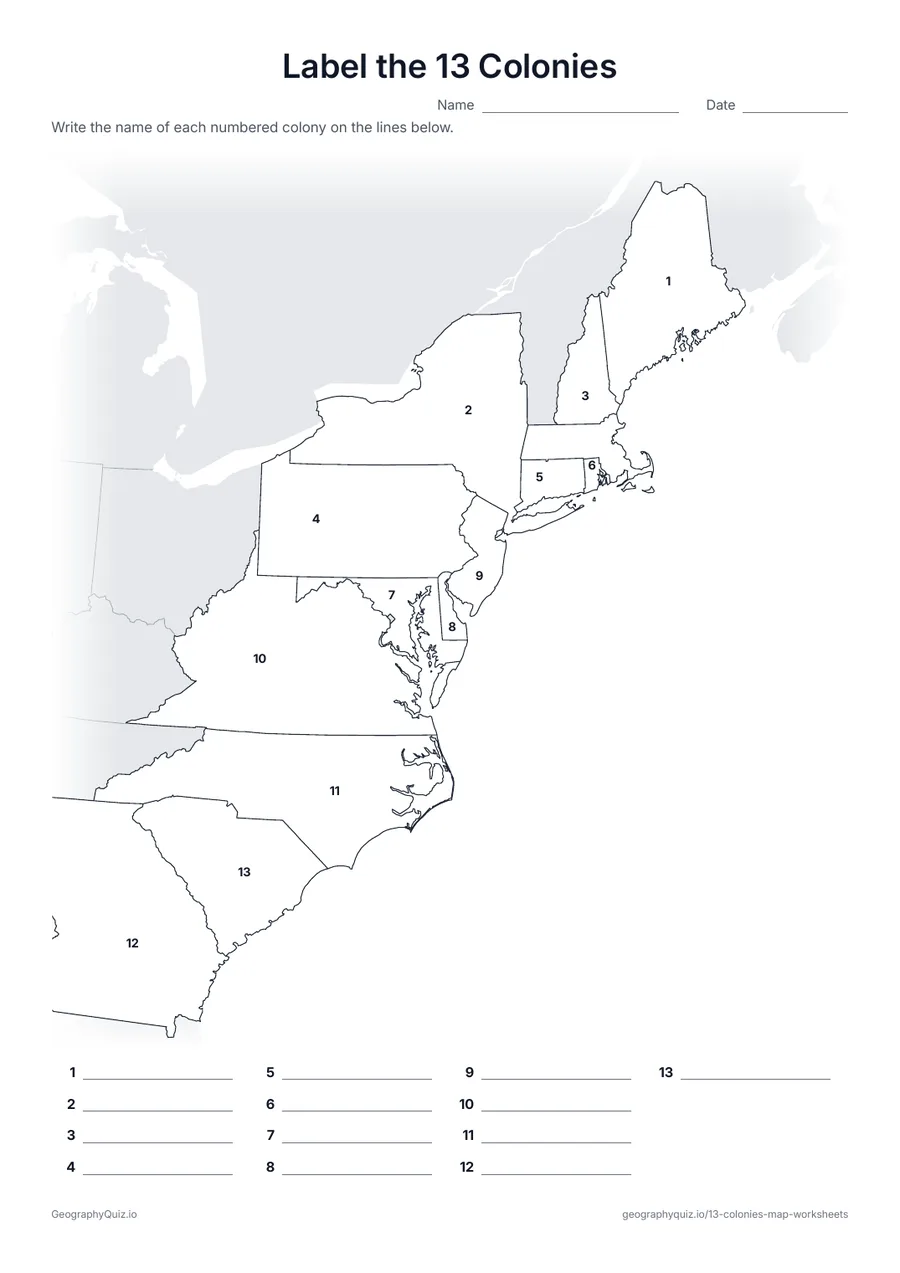 Preview of the printable label the 13 colonies worksheet: The same numbered map with no word bank – for checking what students remember