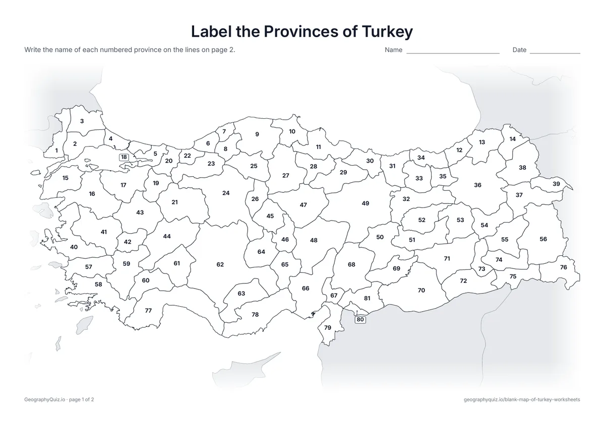 Preview of the printable label the provinces of turkey worksheet