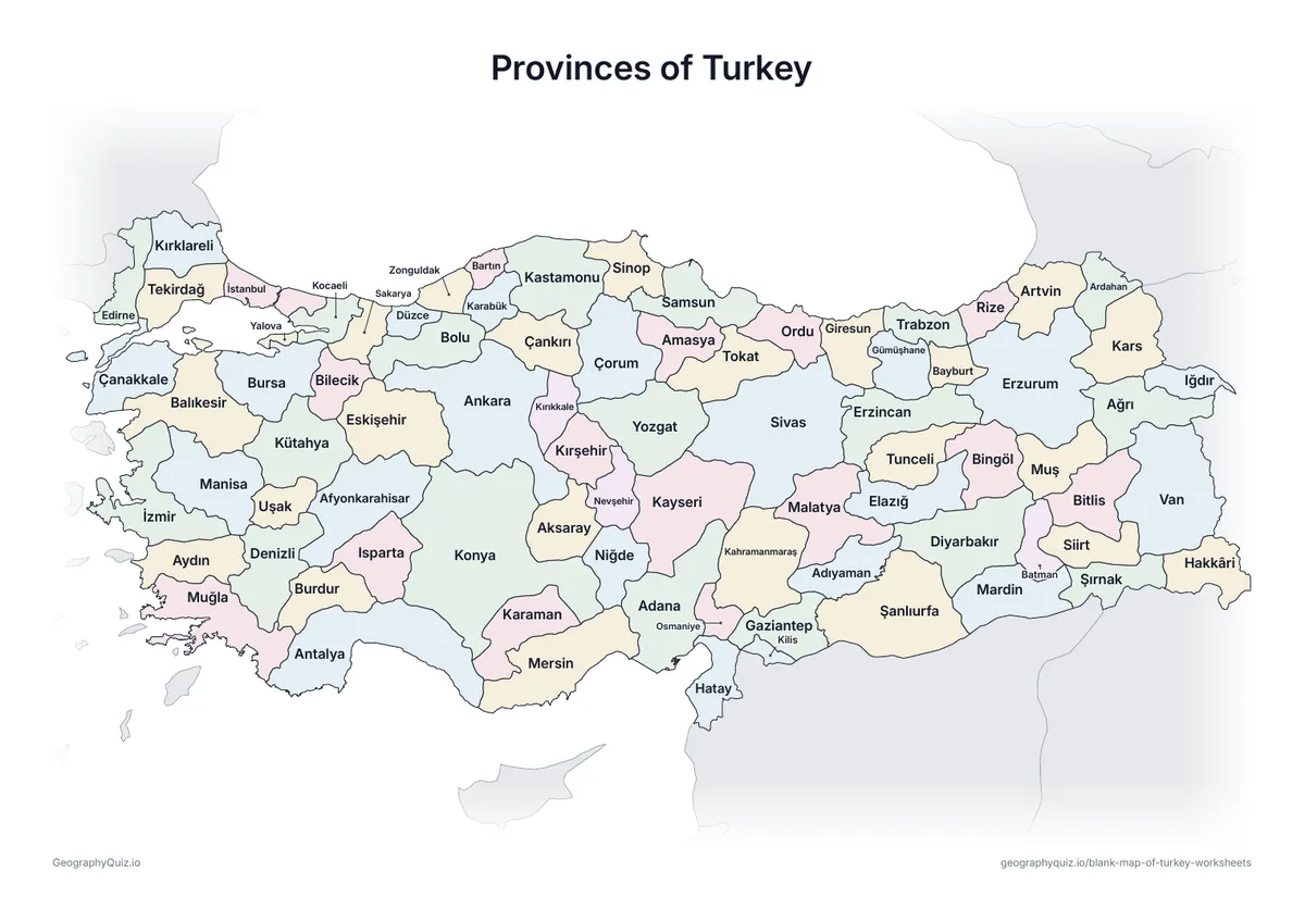 Preview of the printable provinces of turkey worksheet