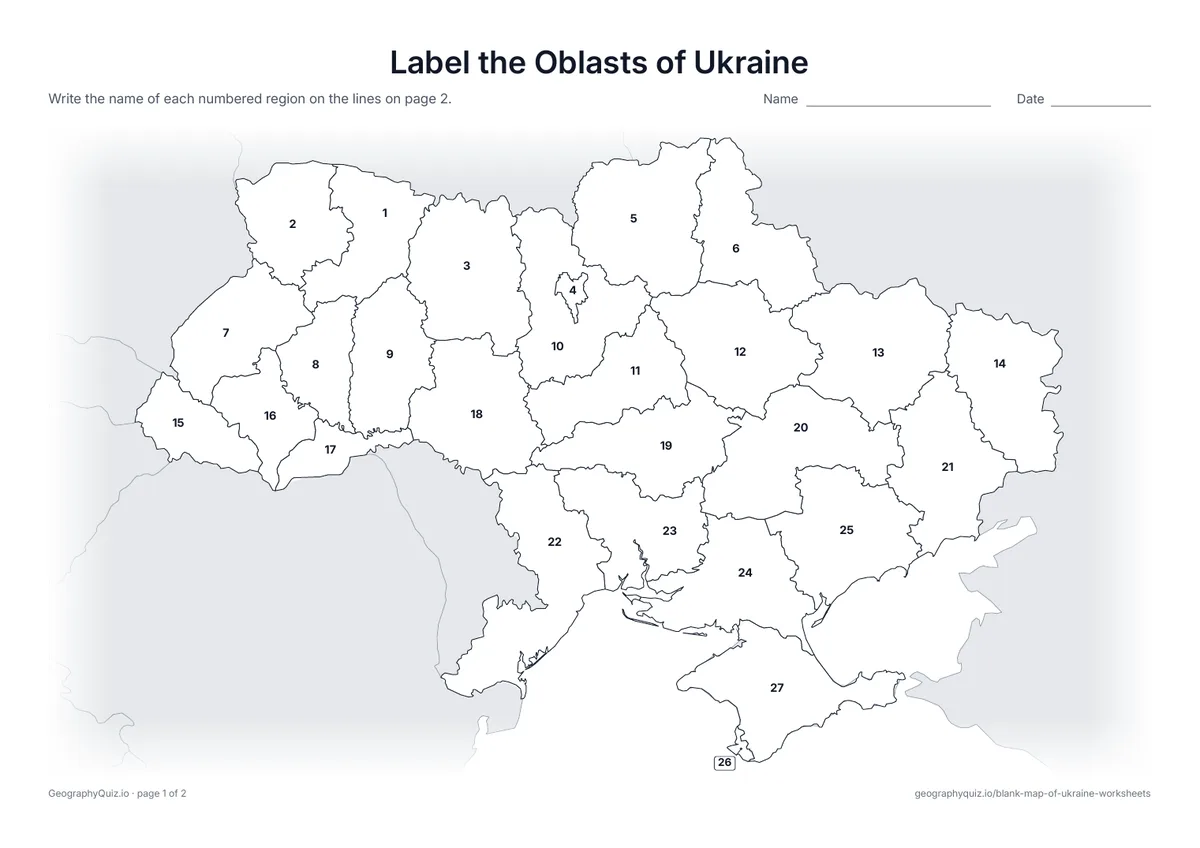 Preview of the printable label the oblasts of ukraine worksheet