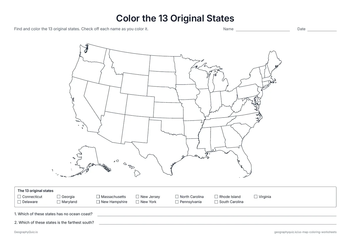 Preview of the printable color the 13 original states worksheet: A checklist of the thirteen states that began as British colonies