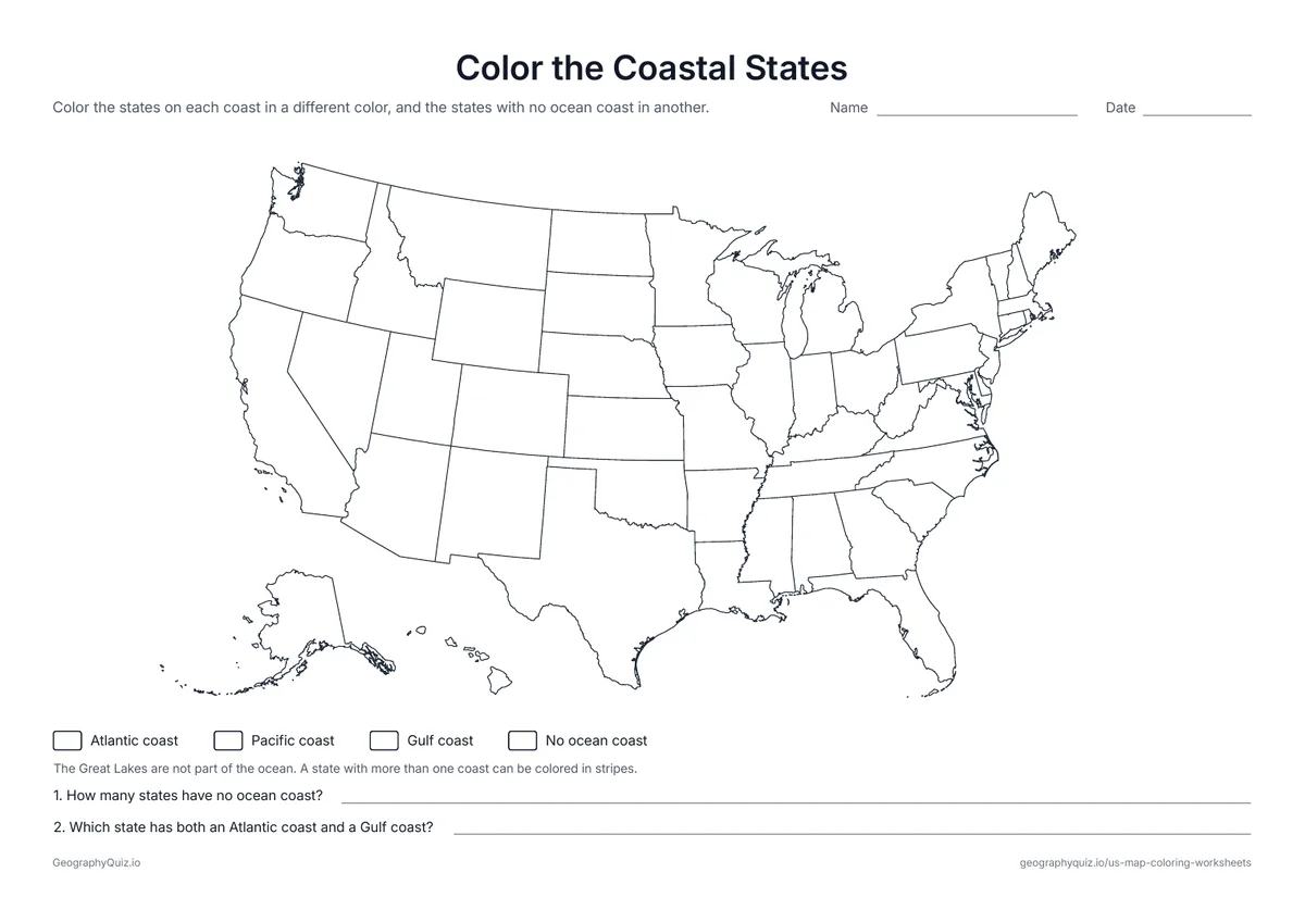 Preview of the printable color the coastal states worksheet: Students color the states on the Atlantic coast, the Pacific coast and the Gulf coast, and the states with no ocean coast