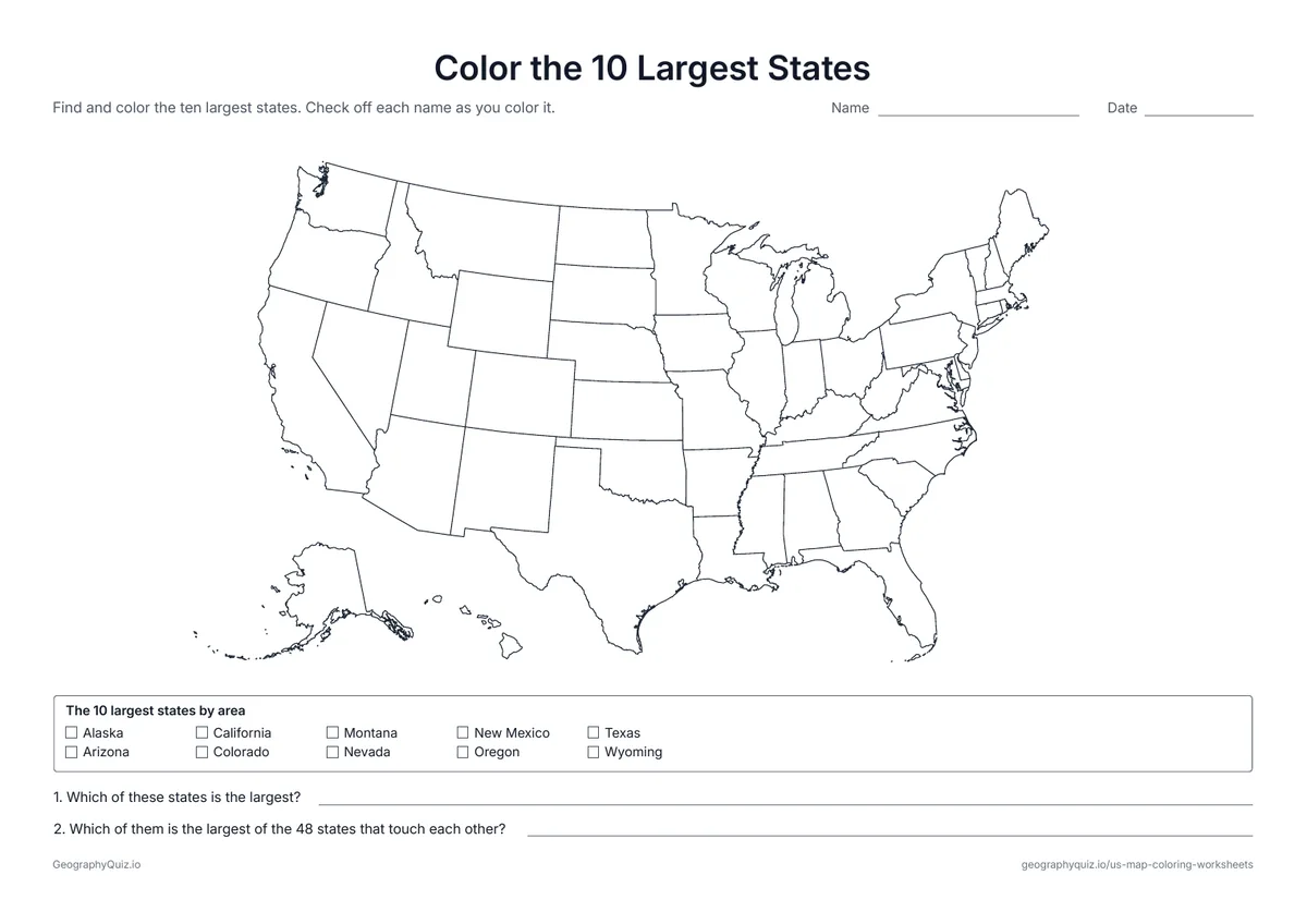 Preview of the printable color the 10 largest states worksheet: A checklist of the ten largest states by area