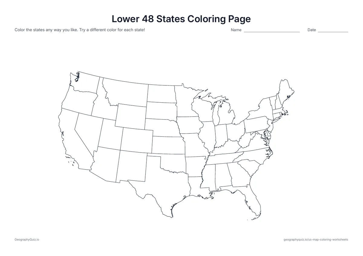 Preview of the printable lower 48 states coloring page worksheet: The 48 contiguous states drawn large across the page, without Alaska and Hawaii – more room to color each state