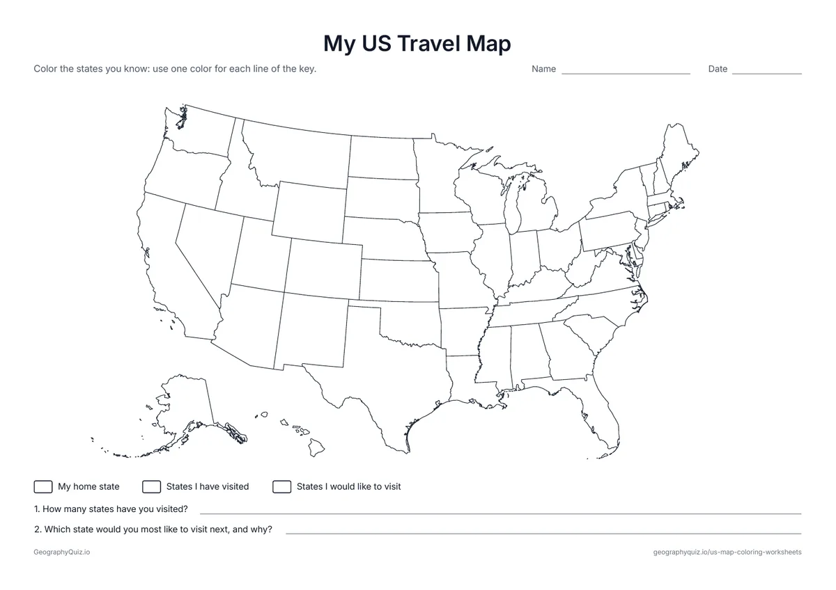 Preview of the printable my us travel map worksheet: Color your home state, the states you have visited and the ones you would like to visit, then answer two questions