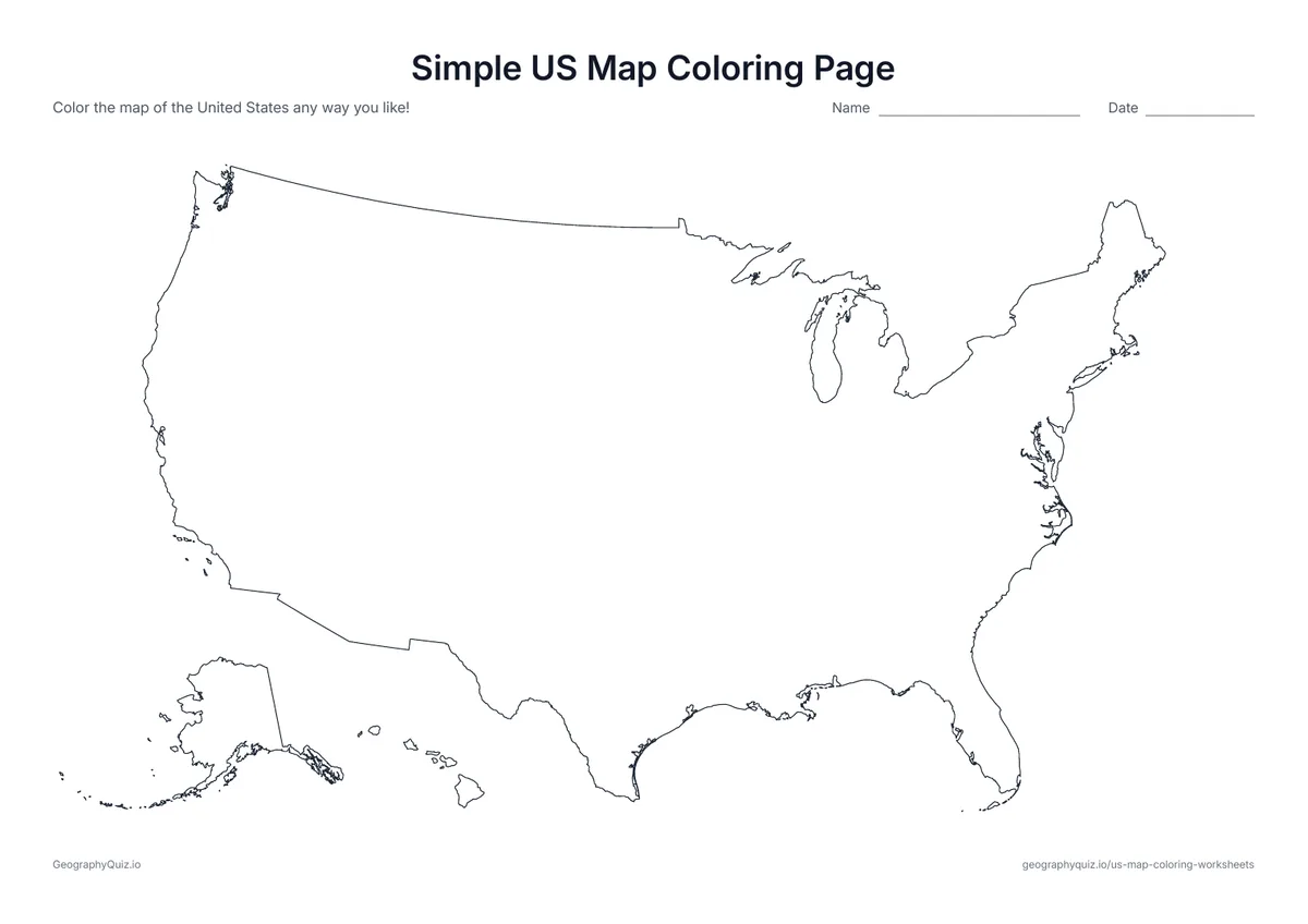 Preview of the printable simple us map coloring page worksheet: The outline of the United States with no state borders – one big shape that is easy to color for younger children