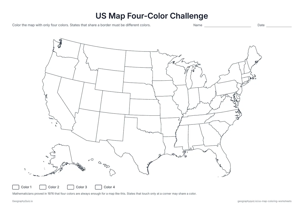 Preview of the printable us map four-color challenge worksheet: Color all 50 states with only four colors so that no two neighbors match – harder than it looks around Kentucky and Tennessee