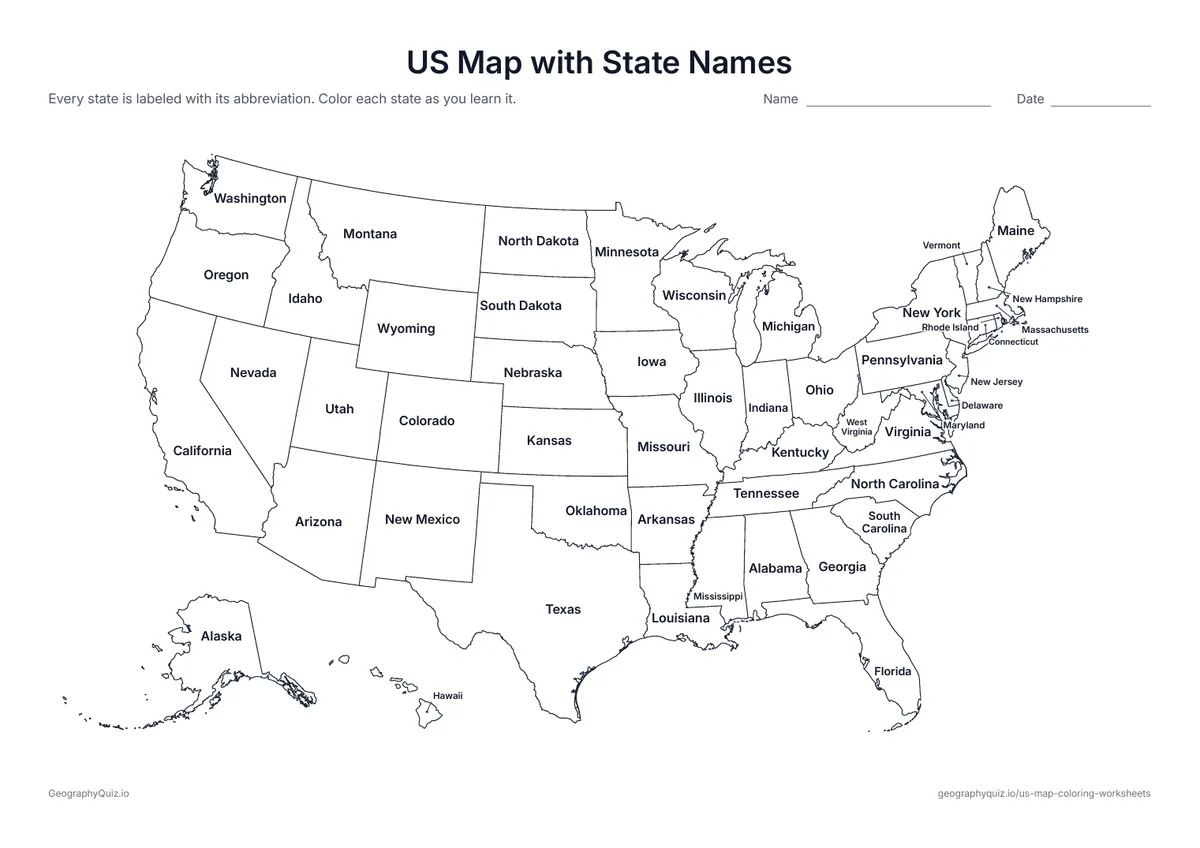 Preview of the printable us map with state names worksheet: Every state is named on the map, with small north-eastern states labeled at the side