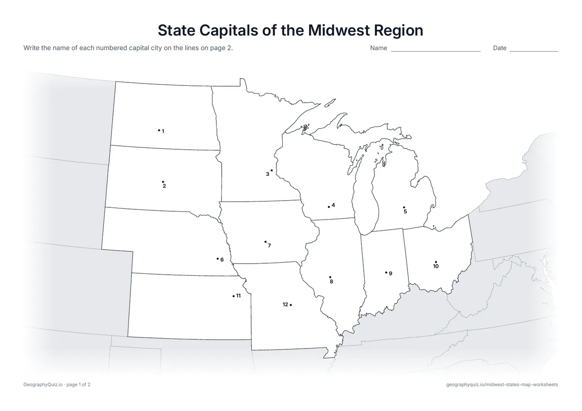 Preview of the printable state capitals of the midwest region worksheet
