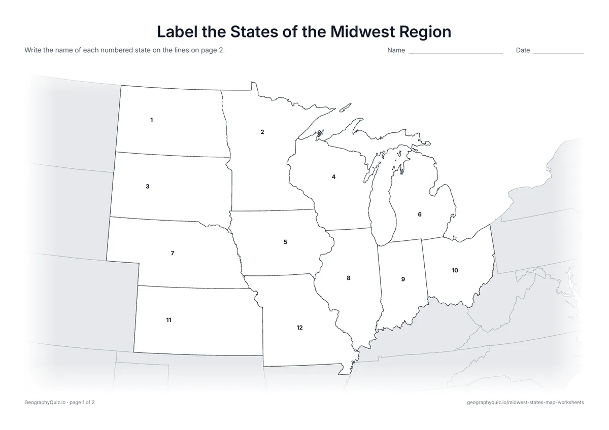 Preview of the printable label the states of the midwest region worksheet
