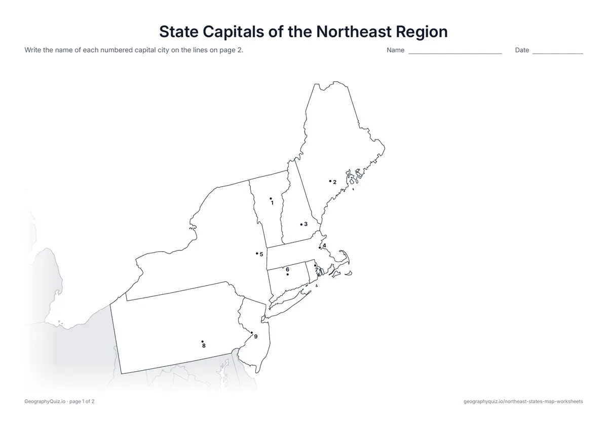 Preview of the printable state capitals of the northeast region worksheet