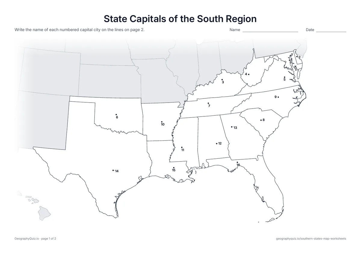 Preview of the printable state capitals of the south region worksheet