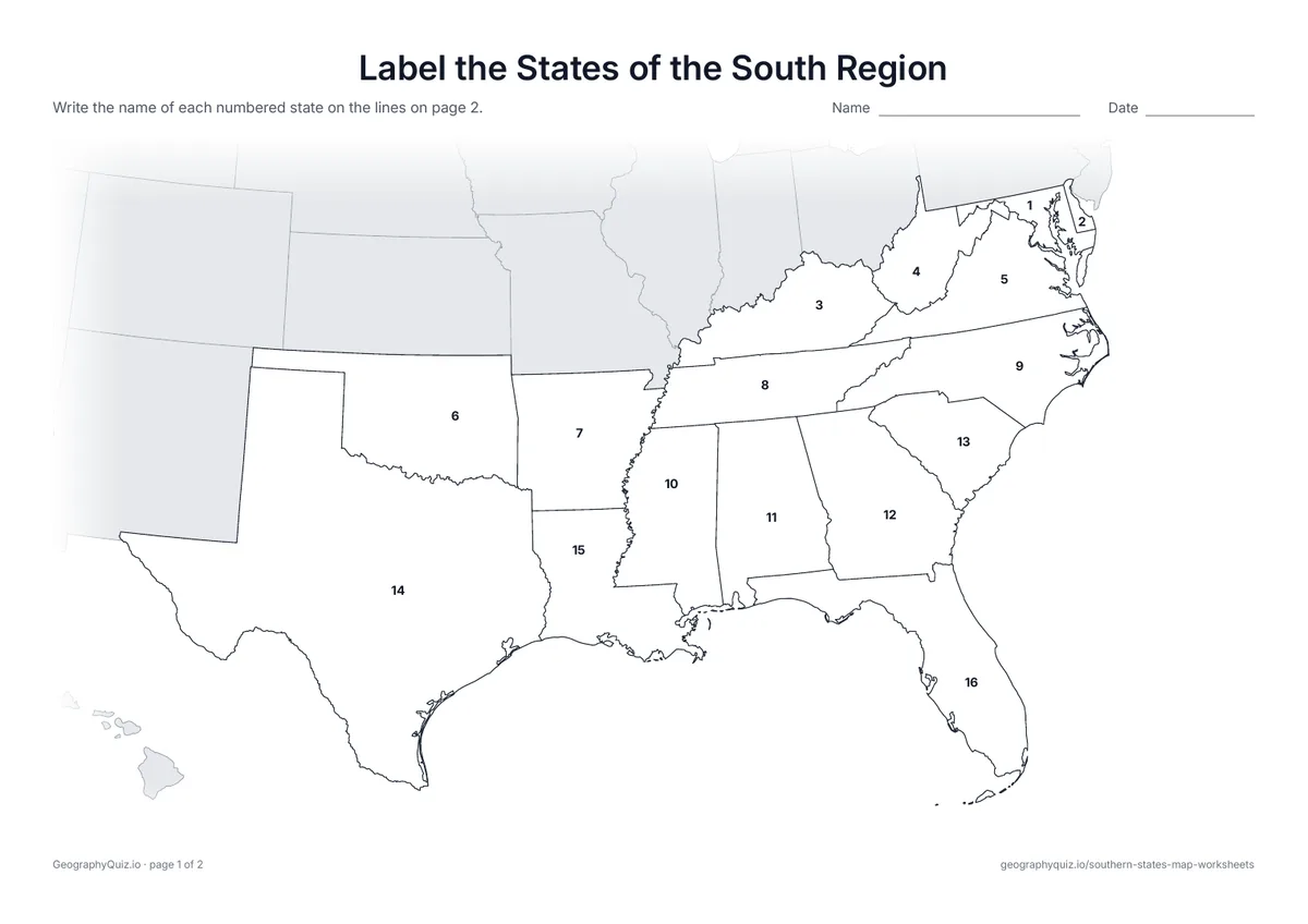 Preview of the printable label the states of the south region worksheet