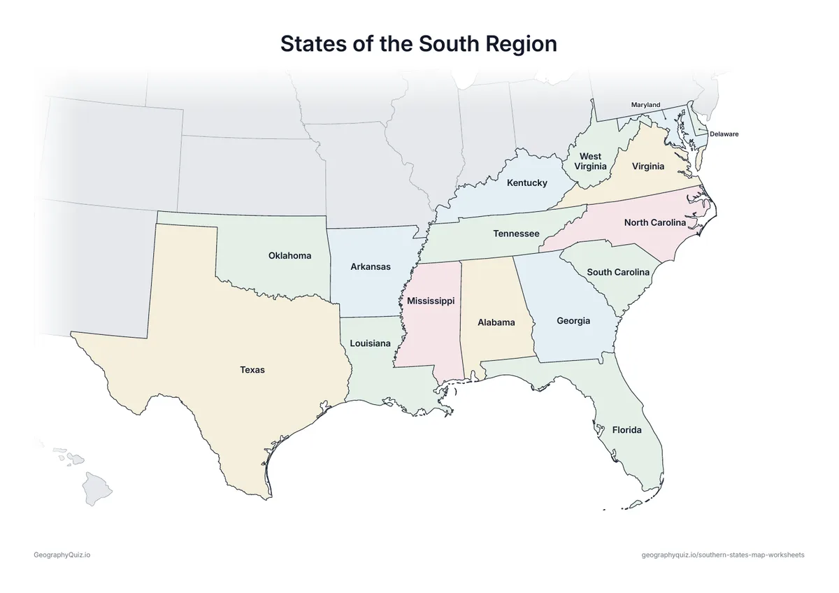Preview of the printable states of the south region worksheet