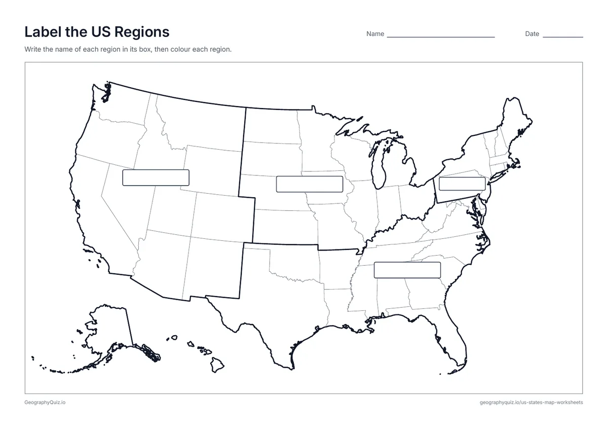Preview of the printable label the us regions worksheet